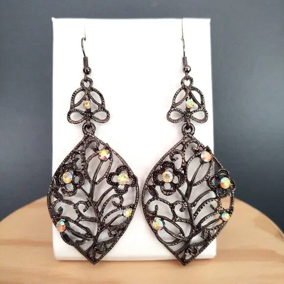 Dark metal dangle earrings with aurora borealis bead accents - Picture 2 of 10